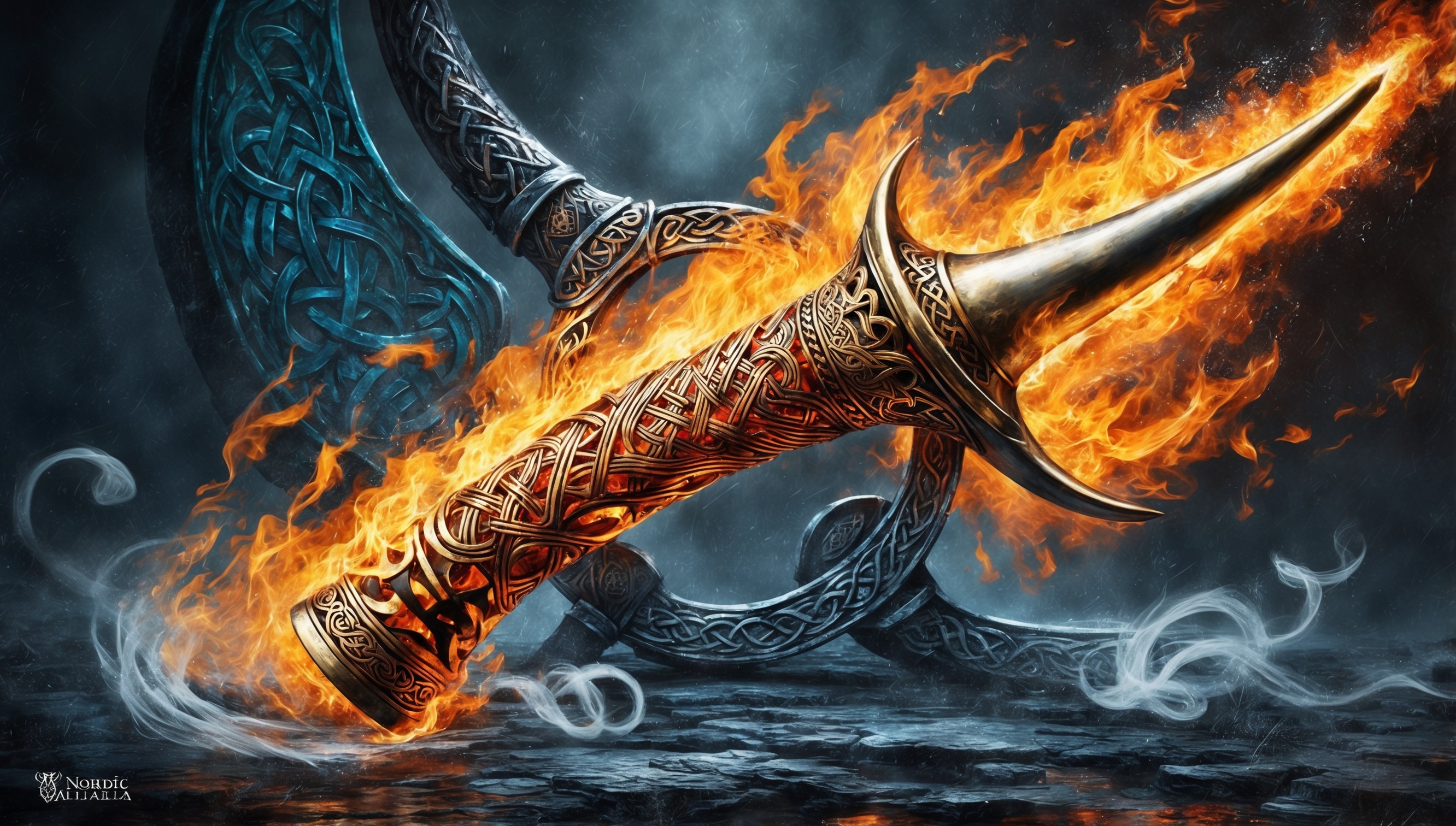 A vibrant, golden flame engulfing a intricately designed Nordic-inspired horn, set against a dark, misty background, evoking the mythical realm of Valhalla, with touches of frosty blue and wispy tendrils of fog curling around the base of the flame, as if the very essence of the ancient gods is stirring, with bold, expressive brushstrokes and textures reminiscent of Celtic metalwork, hinting at the legendary tales of Norse mythology, capturing the intense, fiery passion and bravery of the legendary warriors who dwelled in the great hall of Valhalla.