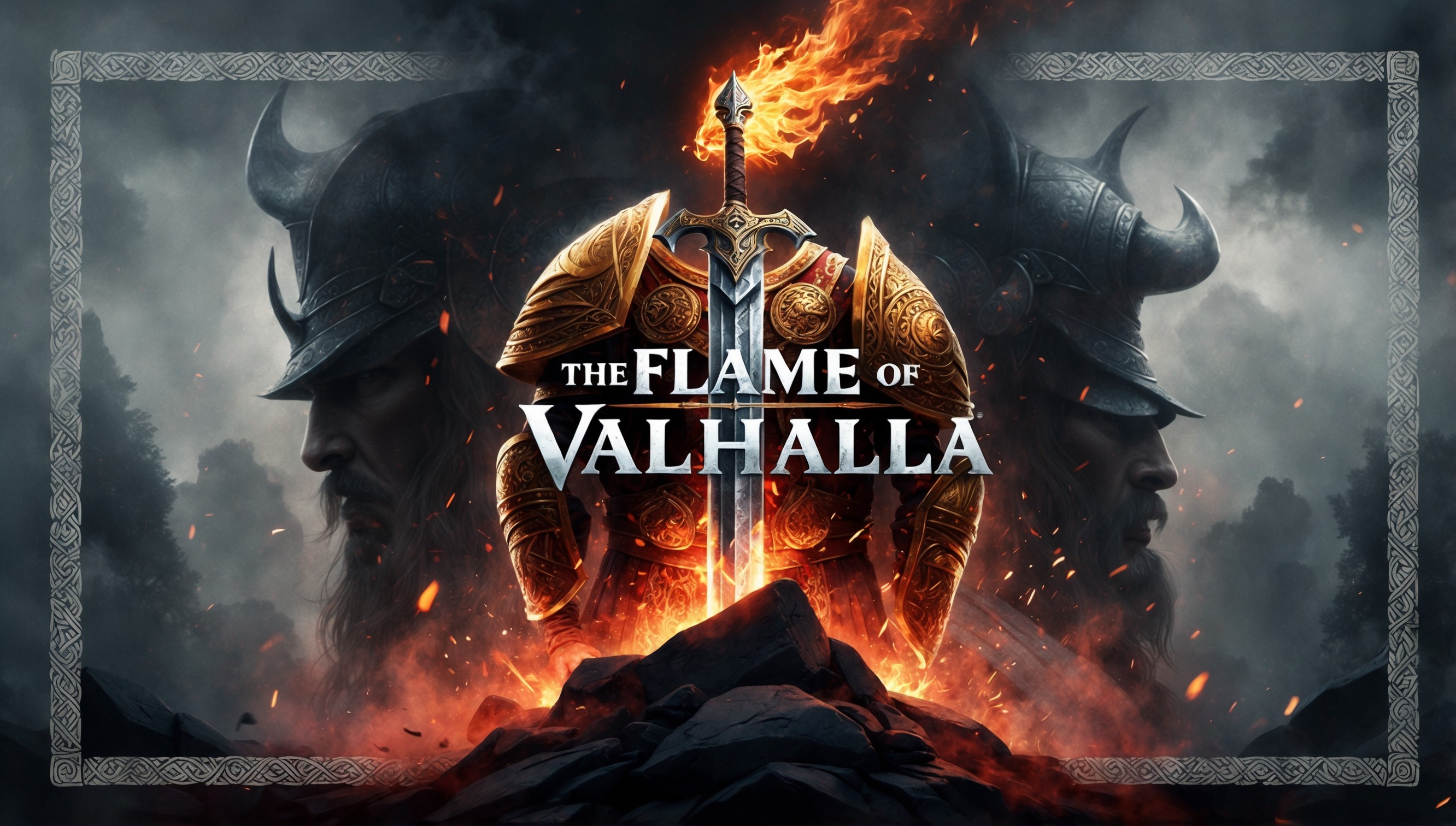 A dramatic, atmospheric illustration of the Flame of Valhalla game, set against a dark, misty background with hints of fiery oranges and crimson reds, evoking a sense of ancient Norse mythology. In the center, a mighty sword stands upright, its blade aflame, surrounded by intricate, golden armor and mysterious, glowing runes. The atmosphere is mystic and foreboding, with subtle, fiery sparks illuminating the foggy air. A subtle, Nordic-inspired pattern adorns the borders, blending seamlessly into the misty environment. The overall style is a mix of realistic and fantastical, with bold lines, vibrant colors, and subtle textures, inviting the viewer to step into the world of Valhalla. The composition is symmetrical, with the sword at its center, drawing the viewer's attention to the heart of the flame.