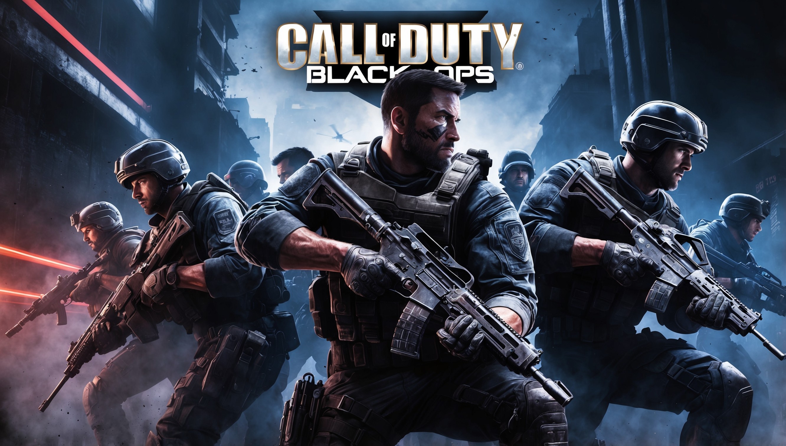 A dramatic, high-octane illustration showcasing the sixth installment of the Call of Duty: Black Ops series, set against a dark, gritty urban background with subtle hints of neon lights, evoking a sense of intense action and futuristic warfare. The dominant colors are a mix of deep blues, blacks, and dark grays, with flashes of red and orange to convey a sense of urgency and danger. In the foreground, a group of heavily armed, elite operatives, each with unique facial features, skin tones, and attire, are poised for battle, their eyes fixed intently on the horizon. The game's logo, emblazoned in bold, metallicsilver font with a subtle sheen, occupies the top-center of the image, accompanied by the numeral 