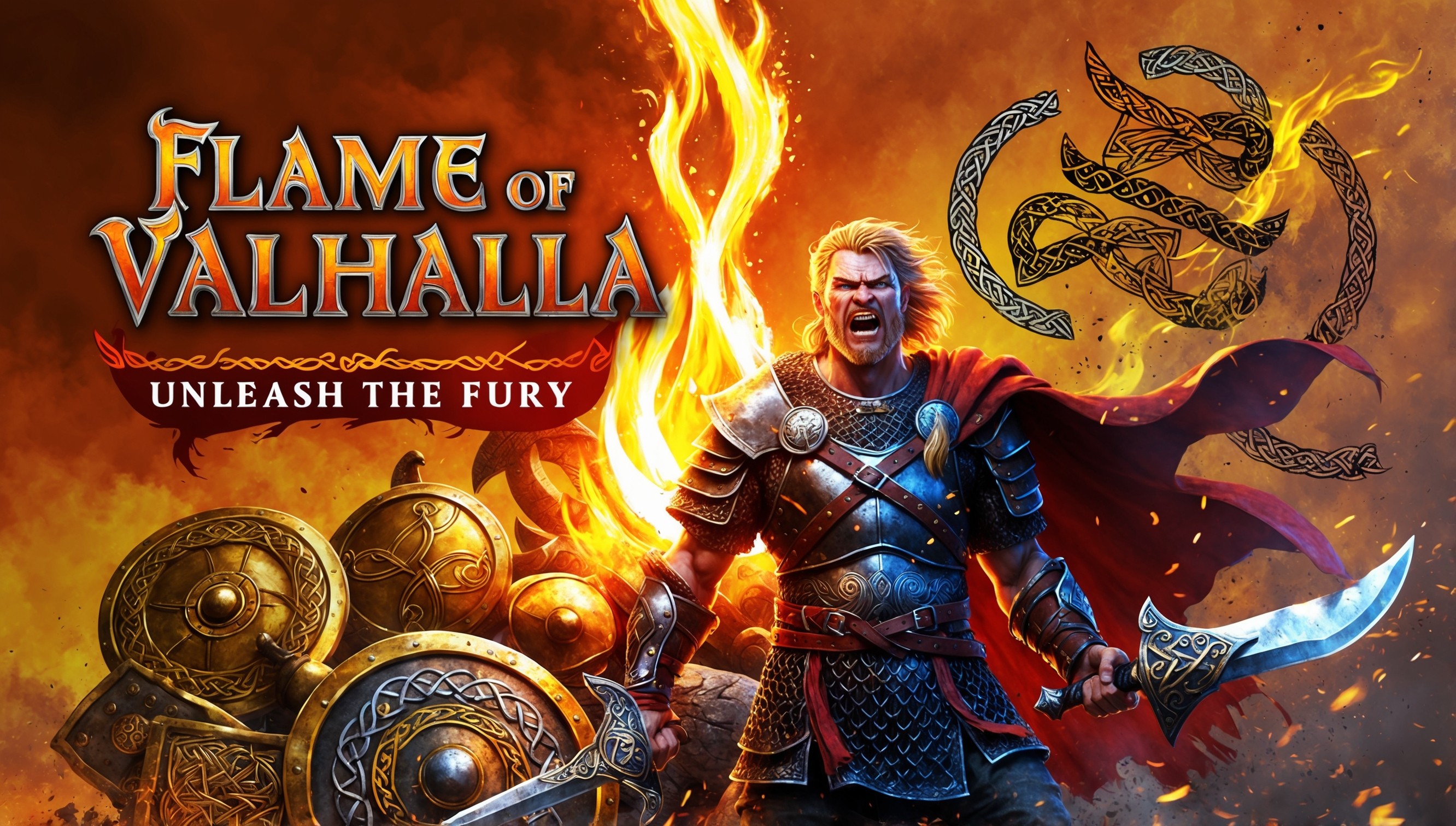 A dramatic illustration depicting the Flame of Valhalla game, set against a fiery orange and yellow backdrop, with golden armor and ancient Norse-inspired relics scattered throughout the composition, the flame itself a mighty blaze of light, with tendrils of fire dancing upwards, surrounded by mystical runes and Celtic knot patterns, a powerful Norse warrior stands proudly, armor clad, with a fierce battle cry, his facial features strong and determined, his skin a weathered tan, his blonde hair wild and unkempt, his eyes a piercing blue, gripping a mighty sword, the game's title 