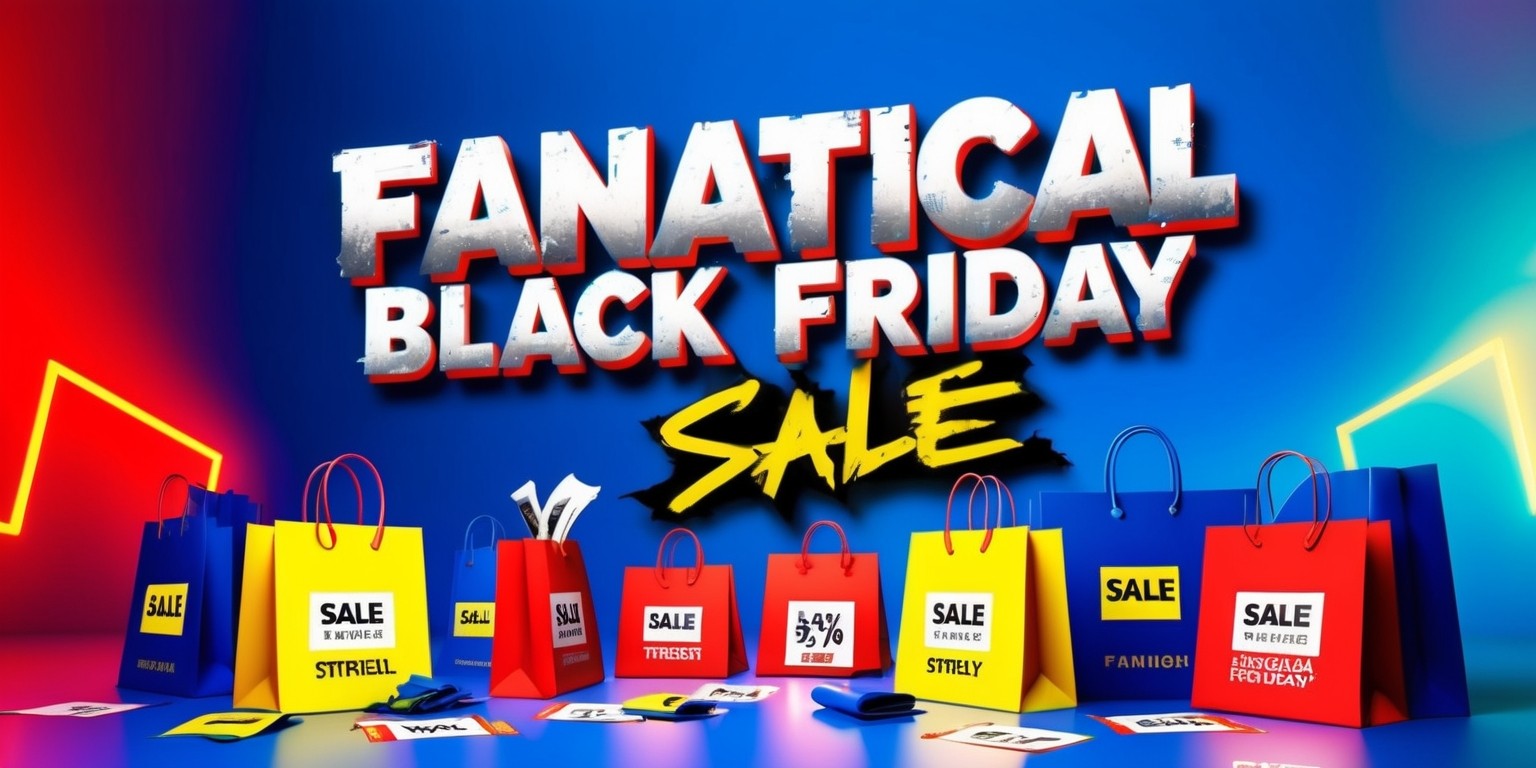 A vibrant and attention-grabbing advertisement for a Fanatical Black Friday Sale event, set against a bold, electric blue background with neon-lit, red and yellow accents, evoking a sense of excitement and urgency. The dominant feature is a large, metallic font with bold, distressed edges, proclaiming the sale in capital letters, with the words Fanatical Black Friday written in a modern, sans-serif font above and Sale in a stylized, graffiti-inspired font below. Several shopping bags and boxes, some torn open to reveal discounted items, are scattered around the perimeter, with a few strategically placed sale tags and flyers in the foreground, featuring discounted prices and percentage-off markers. The entire scene is bathed in a warm, golden light, with subtle gradient effects to give it a dynamic, eye-catching appearance.