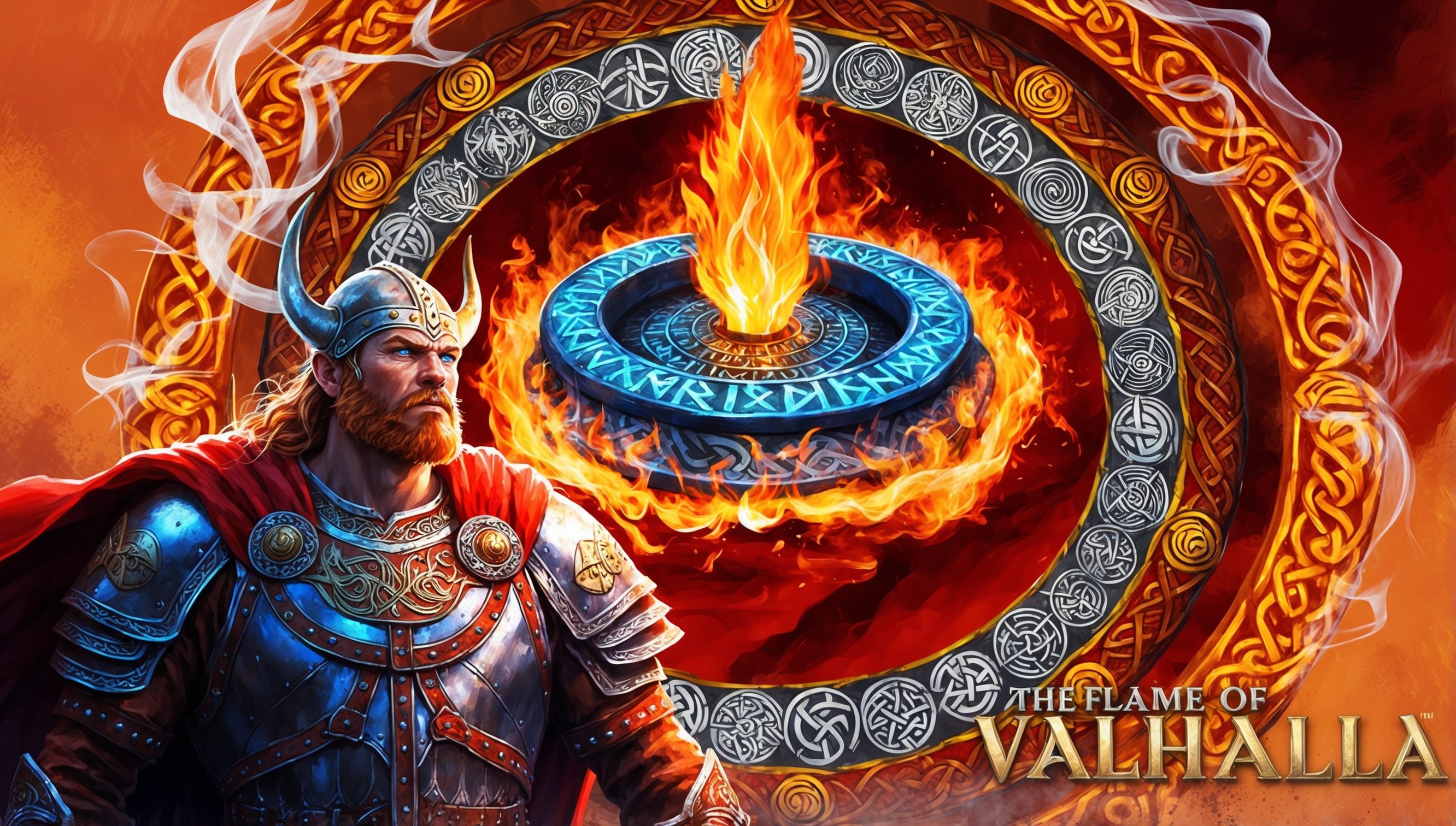 A dramatic illustration of the Flame of Valhalla game, set against a fiery orange and red background, with Norse mythology-inspired elements such as intricate Viking patterns, mystical runes, and ornate golden accents. At the center, a blazing flame rises from a ancient Norse artifact, surrounded by wispy tendrils of smoke. The flame is surrounded by a circle of glowing runes, pulsing with an otherworldly energy. In the foreground, a mighty Viking warrior stands, clad in ornate armor adorned with the symbols of the Nine Worlds, gazing intensely at the flame with a determined expression, their features chiseled and rugged, with a strong jawline, piercing blue eyes, and a fiery red beard. The overall style is a blend of fantasy and historical accuracy, with bold brushstrokes and vibrant colors, evoking a sense of mythic grandeur and epic adventure.