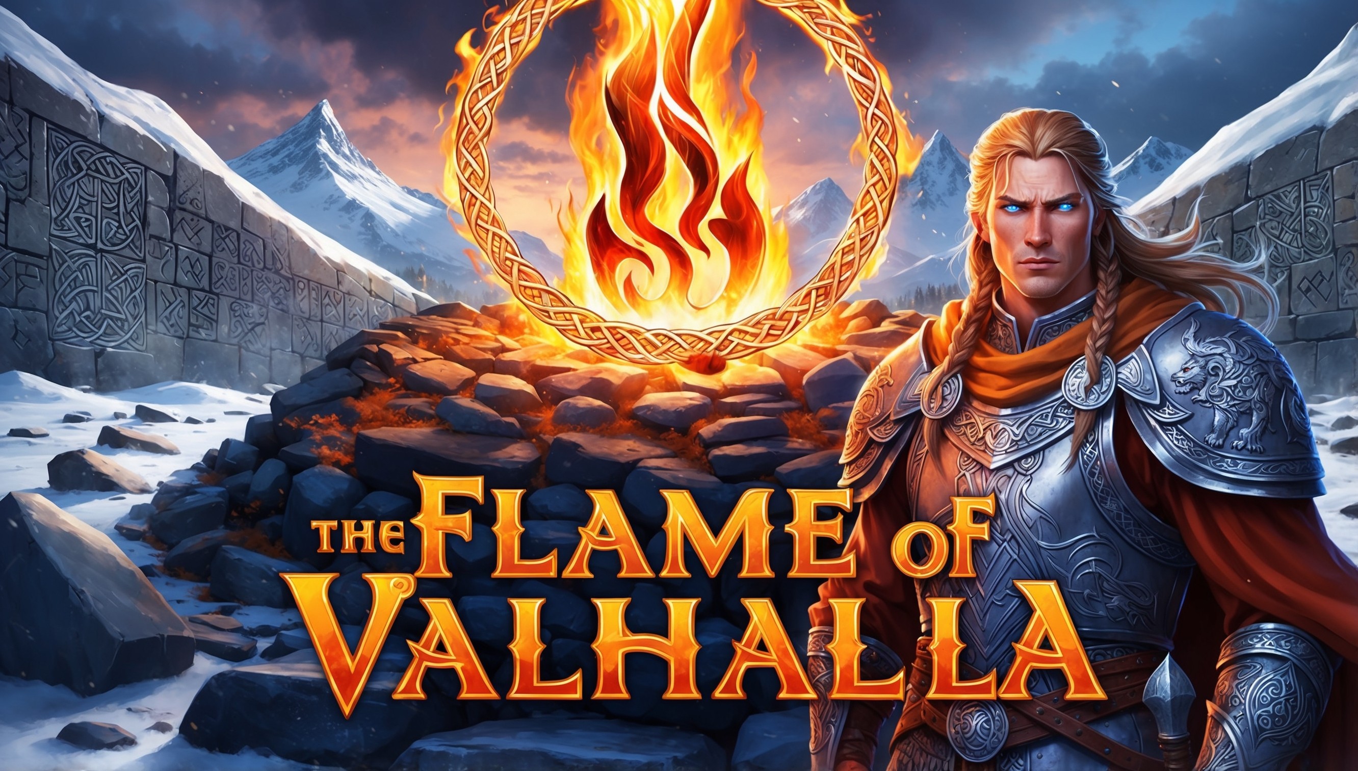 A majestic illustration of the Flame of Valhalla game, set against a backdrop of a Nordic-inspired landscape with snow-capped mountains and ancient runes etched into the stone. At the center, a roaring flame rises from the ground, engulfed in a halo of golden light, with intricate Celtic knot patterns dancing around its edges. A regal, long-haired warrior, with piercing blue eyes and chiseled features, stands proudly in front of the flame, clad in ornate armor adorned with mythical creatures and mystical symbols. The warrior's skin has a warm, golden undertone, reflecting the harsh yet beautiful environment. In the foreground, the game's logo is emblazoned in bold, fiery orange lettering, with serifs reminiscent of ancient Norse scripts. The overall style is a fusion of medieval fantasy and Nordic folklore, with bold lines, vibrant colors, and ornate details, evoking a sense of epic adventure and heroic valor.