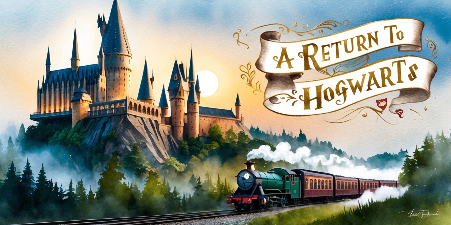 A scenic landscape of Hogwarts School of Witchcraft and Wizardry at sunset, with the castle's majestic towers and turrets reaching towards the sky, bathed in a warm golden light, surrounded by lush greenery and misty atmosphere, inviting the return of beloved characters, with the iconic Hogwarts Express chugging along the nearby tracks, releasing puffs of white smoke, as a banner with golden letters and intricate typography reading A Return to Hogwarts unfurls across the sky, with subtle hints of magic and nostalgia, in a warm and inviting color palette dominantly featuring shades of blue, gold, and crimson, with soft brushstrokes and textures reminiscent of a watercolor painting.