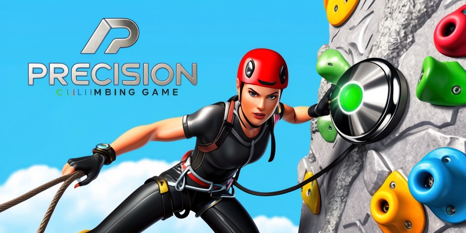 A vibrant digital illustration of the Precision Climbing game, set against a bright blue background with fluffy white clouds, featuring a daring climber with determined facial features, athletic build, and wearing a sleek black and silver climbing suit, with a bold red helmet and sturdy rope, navigating through a challenging rock face with intricate textures and crevices, as the climber reaches for a shiny metallic grip with a bright green indicator light, surrounded by a variety of colorful grips and holds in different shapes and sizes, with a subtle gradient effect to convey depth and dimension, and a clean, modern font displaying the game's logo in silver and green, with a tagline written in a curved line above the logo, all elements carefully composed to showcase the game's thrilling action and sense of adventure.