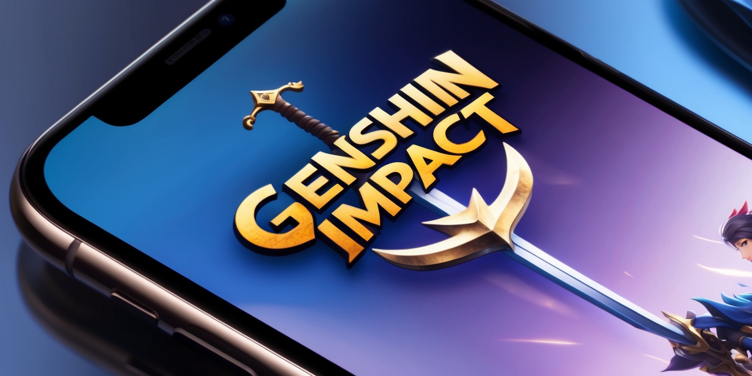 A close-up shot of the Genshin Impact app icon on a sleek, high-tech smartphone screen, with vibrant colors and intricate details, showcasing the game's fantasy world and characters, with the iconic logo featuring a bold, golden font and a stylized, curved sword symbol, set against a dark blue or purple background that gradates to a lighter tone towards the edges, evoking a sense of adventure and mystery, with subtle, shimmering effects to convey a sense of luxury and prestige, and a clean, modern layout that highlights the app's user-friendly interface and intuitive design.