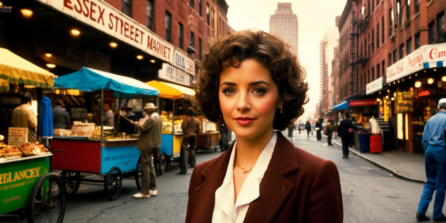 A nostalgic and intimate scene from the 1988 romantic comedy film Crossing Delancey set in the vibrant Lower East Side neighborhood of Manhattan, depicting Izzy, a strong-willed and independent young woman with curly brown hair, olive-toned skin, and bright brown eyes, standing in front of the iconic Essex Street Market, surrounded by bustling streets, colorful pushcarts, and eclectic storefronts, with a warm golden lighting that captures the essence of the urban Jewish community, with a mix of vintage and modern elements, including worn brick buildings, antique signage, and traditional Jewish delis, all framed by a subtle cinematic glow, evoking a sense of nostalgia and cultural heritage.