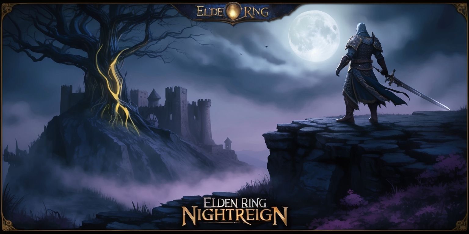 A dark fantasy scene from the Elden Ring Nightreign game, with a somber and mystical atmosphere, set in a hauntingly beautiful landscape, featuring a lone figure of a Tarnished warrior, with intricate armor and a majestic greatsword, standing atop a rugged cliff, overlooking a ruined castle in the distance, with a full moon shining down, casting an eerie glow on the surroundings, and a subtle mist rolling in, shrouding the landscape in mystery, with the Erdtree looming large in the background, its glowing roots and branches stretching towards the sky like a spectral entity, in a mix of deep blues and purples, with hints of golden light, and the overall style inspired by the dark fantasy and medieval elements of the game, with bold lines, and dramatic shading, and the composition framed to highlight the sense of isolation and wonder.