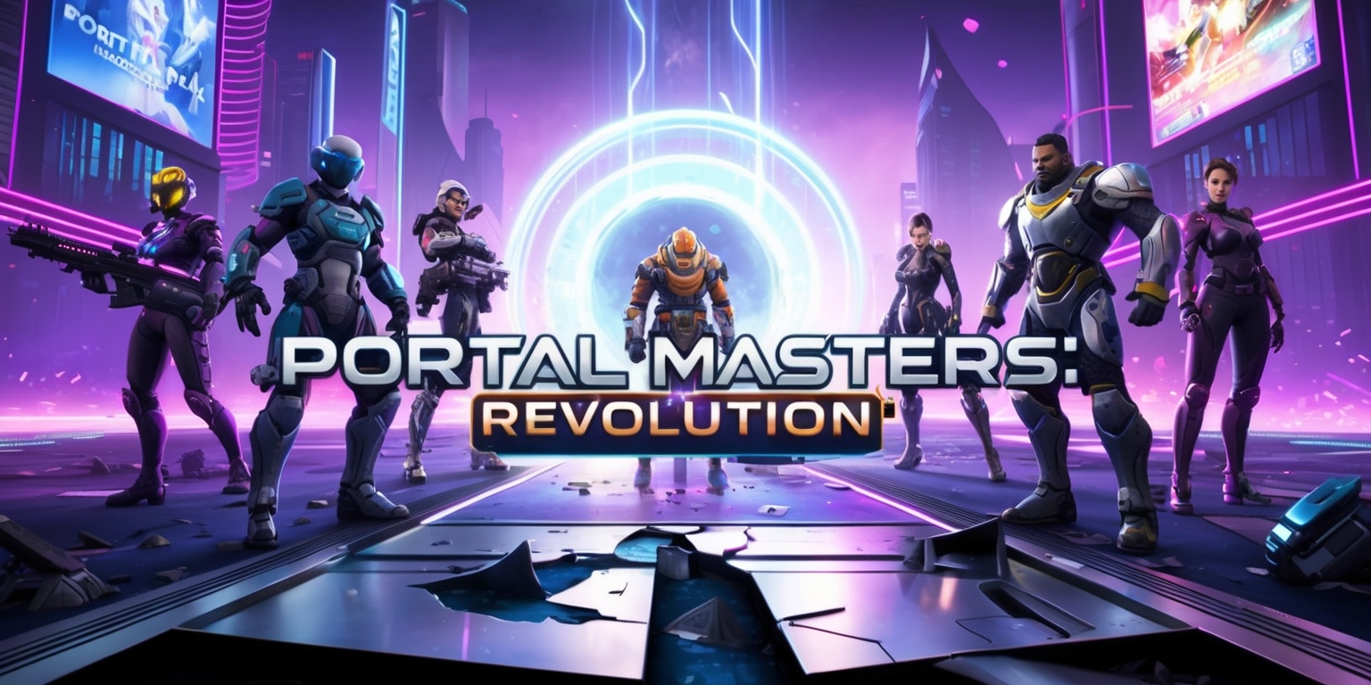 A sleek, futuristic video game screenshot showcasing a dynamic scene from a free-to-play first-person portal shooter game, set against a vibrant, neon-lit cityscape with sleek skyscrapers and holographic advertisements. The scene captures a group of diverse, armored characters, each with unique futuristic armor and weaponry, standing in front of a glowing, swirling portal that seems to pulse with energy, ready to transport them to a new dimension. In the foreground, a torn, metallic floor panel lies amidst scattered, high-tech debris, hinting at the intense, fast-paced action that has just unfolded. The overlayed text, in a bold, metallic font, reads Portal Masters: Revolution in shimmering silver, with a smaller review snippet in a curved line above it, extolling the game's innovative mechanics, strategic teamplay, and immersive, futuristic atmosphere.