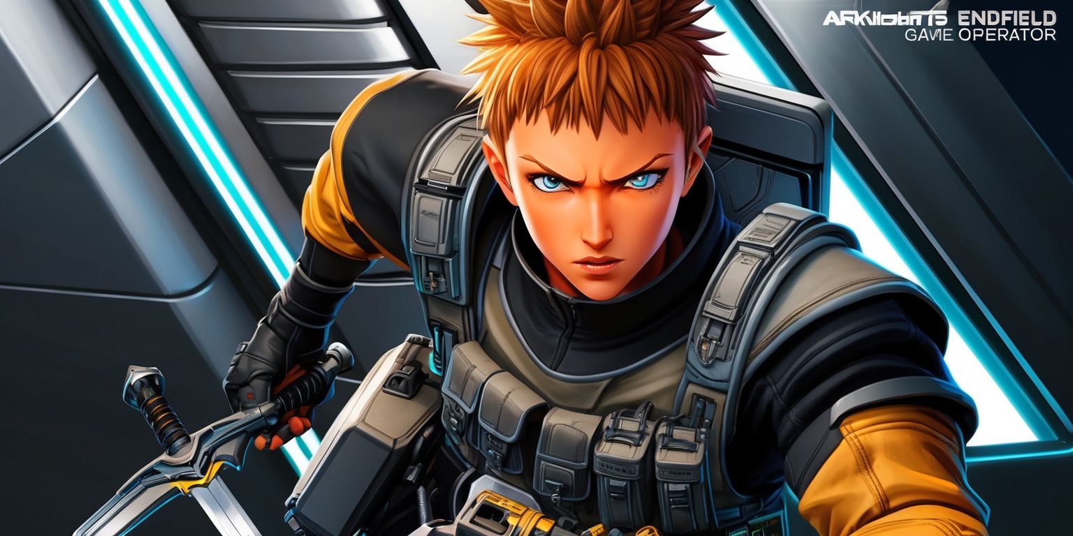 A detailed illustration of the Arknights Endfield game operator, set against a futuristic and high-tech background with sleek metallic surfaces and neon accents, the operator is depicted with short, spiky hair and piercing blue eyes, wearing a black and grey uniform adorned with intricate utility belts and pouches, their facial expression is one of intense focus and determination, with a subtle hint of concern etched on their features, the overall art style is reminiscent of anime and manga, with bold lines, vibrant colors, and dynamic shading, the operator's skin has a warm, golden undertone, and they are posed in a powerful stance, with one hand resting on the hilt of a sword and the other grasping a high-tech device, the image is rendered in a mix of digital painting and 3D modeling techniques, with sharp textures and intricate details.