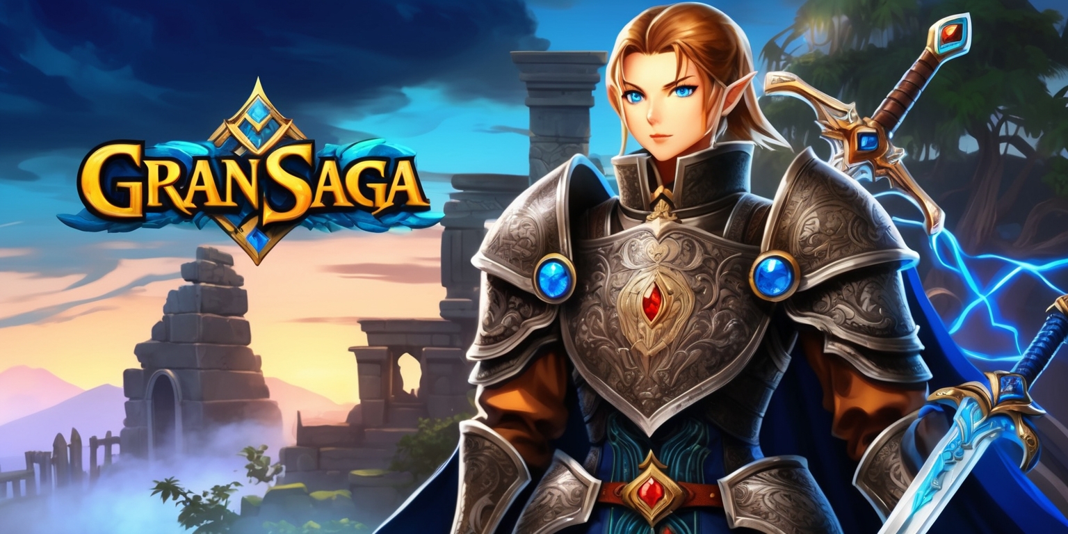 A mesmerizing digital illustration depicting the fantasy world of Gran Saga, a popular mobile game, set against a mystical twilight sky with hints of warm orange and soft blue hues. In the foreground, a heroic character stands tall, dressed in elaborate armor with intricate etchings, holding a gleaming sword adorned with precious gems. The character's facial features are defined, with piercing blue eyes, high cheekbones, and a strong jawline, while their skin has a warm, golden undertone. The armor is a mix of dark metallic tones and vibrant, electric blue accents. The background is layered with ancient ruins, wispy trees, and misty mountains, evoking a sense of ancient wisdom and mystery. The illustration style blends Japanese anime and medieval fantasy elements, with bold lines, striking contrasts, and exquisite textures. The overall atmosphere is one of epic adventure, courage, and wonder.