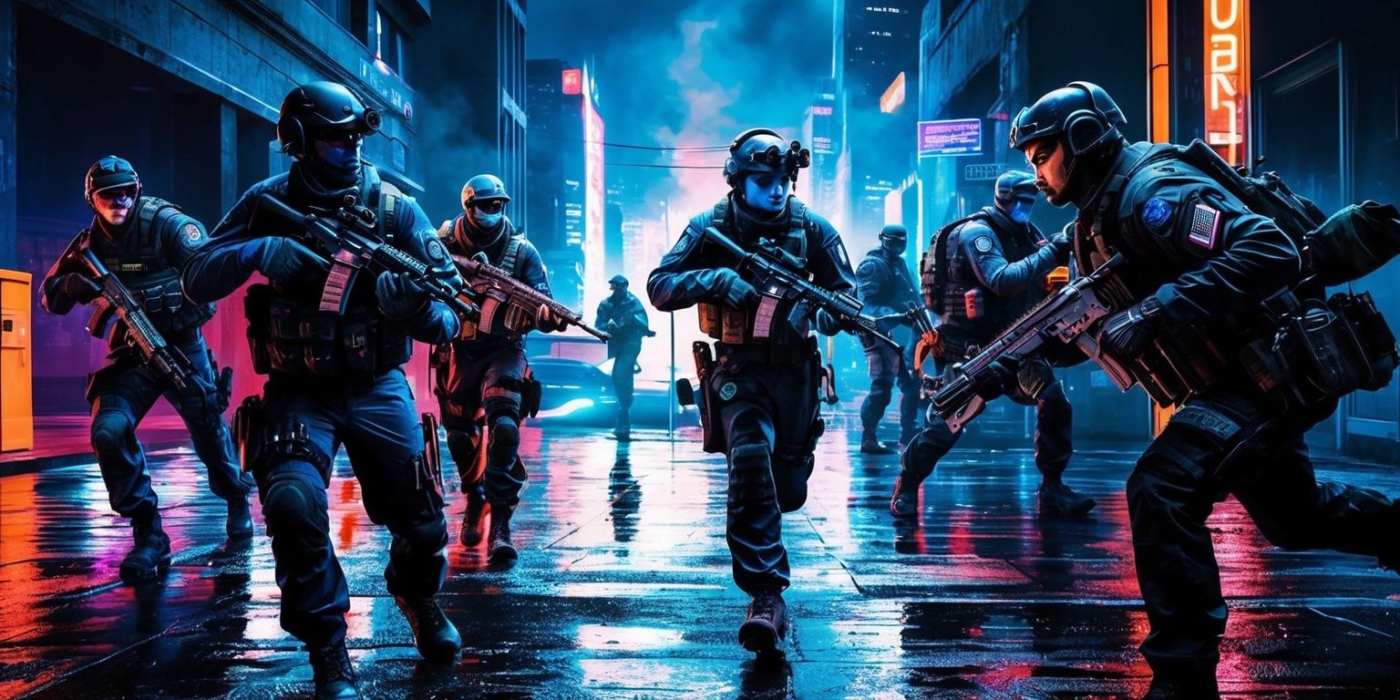 A vibrant and action-packed scene depicting operators from the Rainbow Six Mobile game, set against a dark and gritty urban backdrop with neon lights reflecting off wet pavement, the characters are dressed in tactical gear with distinctive uniforms and equipment, each with unique facial features and skin tones, the scene is filled with intense colors and dramatic lighting, with a focus on the dynamic movement and interaction between the operators, the image style is hyper-realistic with sharp lines and detailed textures, the layout is cinematic with a low-angle shot and a sense of depth, the overall mood is tense and suspenseful, with a hint of futuristic technology and advanced weaponry, the color palette is dominated by blues and oranges, with accents of bright colors from the operators' uniforms and the neon lights of the city.