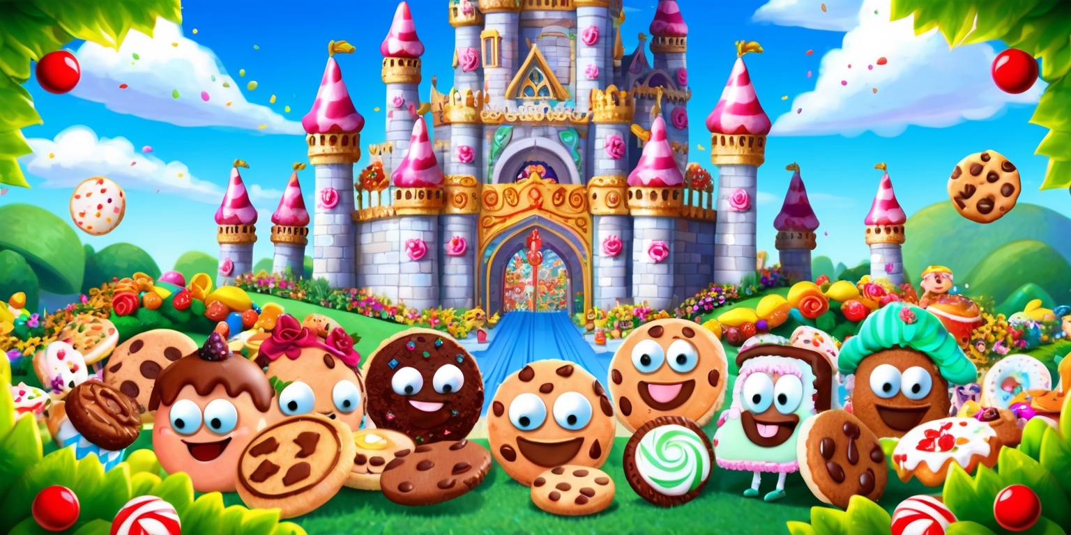 A vibrant, whimsical illustration of the Cookie Run Kingdom game, featuring a majestic castle with candy-coated turrets, surrounded by lush green grass and colorful flowers, set against a bright blue sky with fluffy white clouds. The castle's facade is adorned with intricate golden accents, ornate cookies, and sparkling jewels. The Cookies, the game's beloved characters, are gathered in the foreground, each with unique facial expressions and accessories, such as Holly's bright smile and Mint Choco's stylish hat. The scene is filled with an abundance of cookies, candies, and treats, showcasing the game's sweet and playful aesthetic. The illustration style blends digital painting with subtle textures, reminiscent of a children's book, with bold lines, vivid colors, and a sense of wonder and excitement.