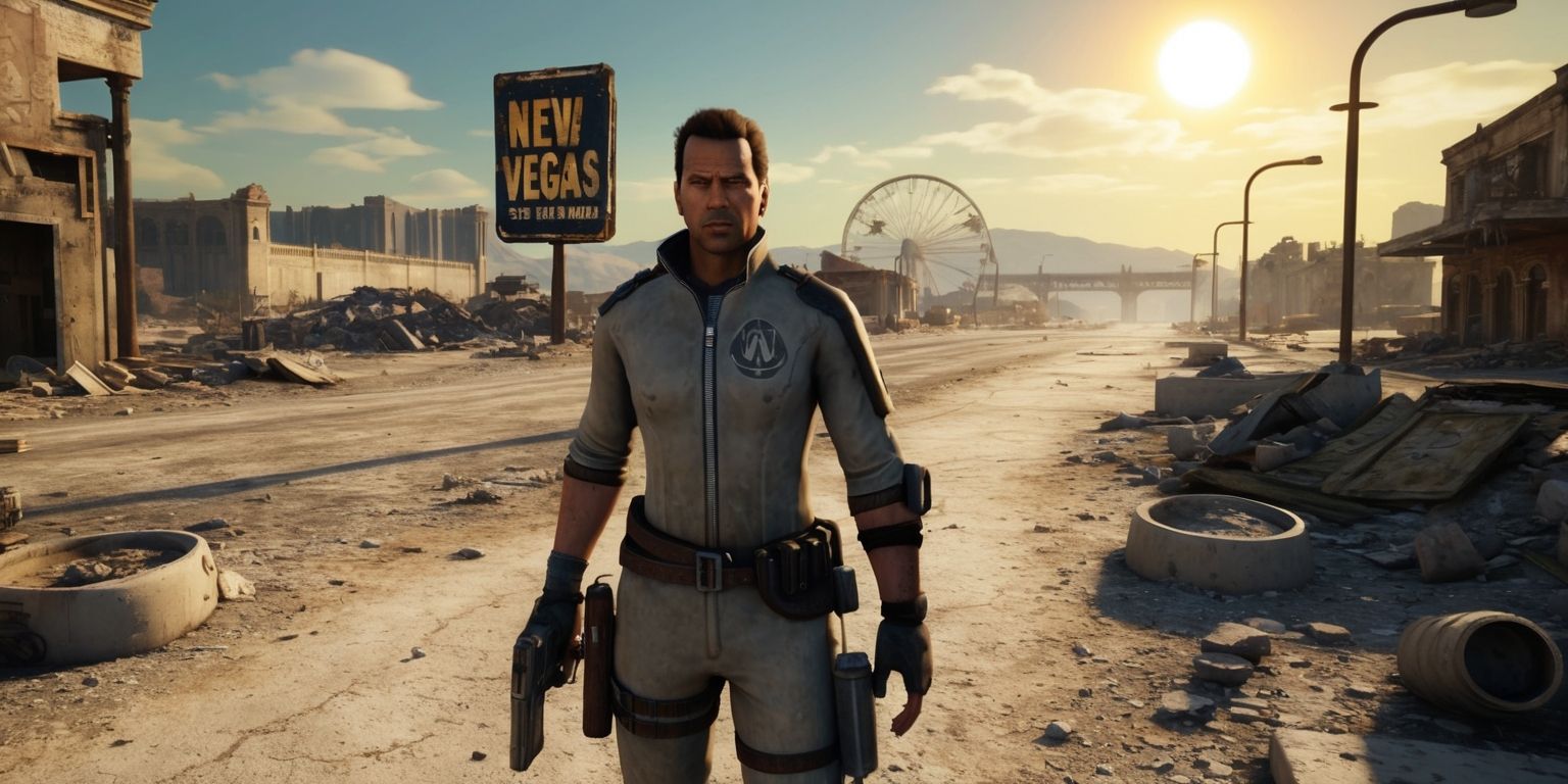 A dusty, post-apocalyptic landscape set in the Fallout: New Vegas game, with a lone figure of a character wearing a Vault 11 jumpsuit and carrying a 10mm pistol, standing in the middle of a ruined street, surrounded by crumbling buildings and debris-filled roads, under a bright, sun-scorched desert sky with shades of orange and yellow hues, and in the distance, the ruins of the Mojave Wasteland's iconic landmarks, such as the Hoover Dam or Nellis Air Force Base, with a faded, worn-out poster of the New Vegas sign hanging from a lamppost, and the character's facial features are determined and rugged, with a strong jawline and a few days' worth of stubble, and a Pip-Boy device strapped to their wrist, displaying a map of the surrounding area.