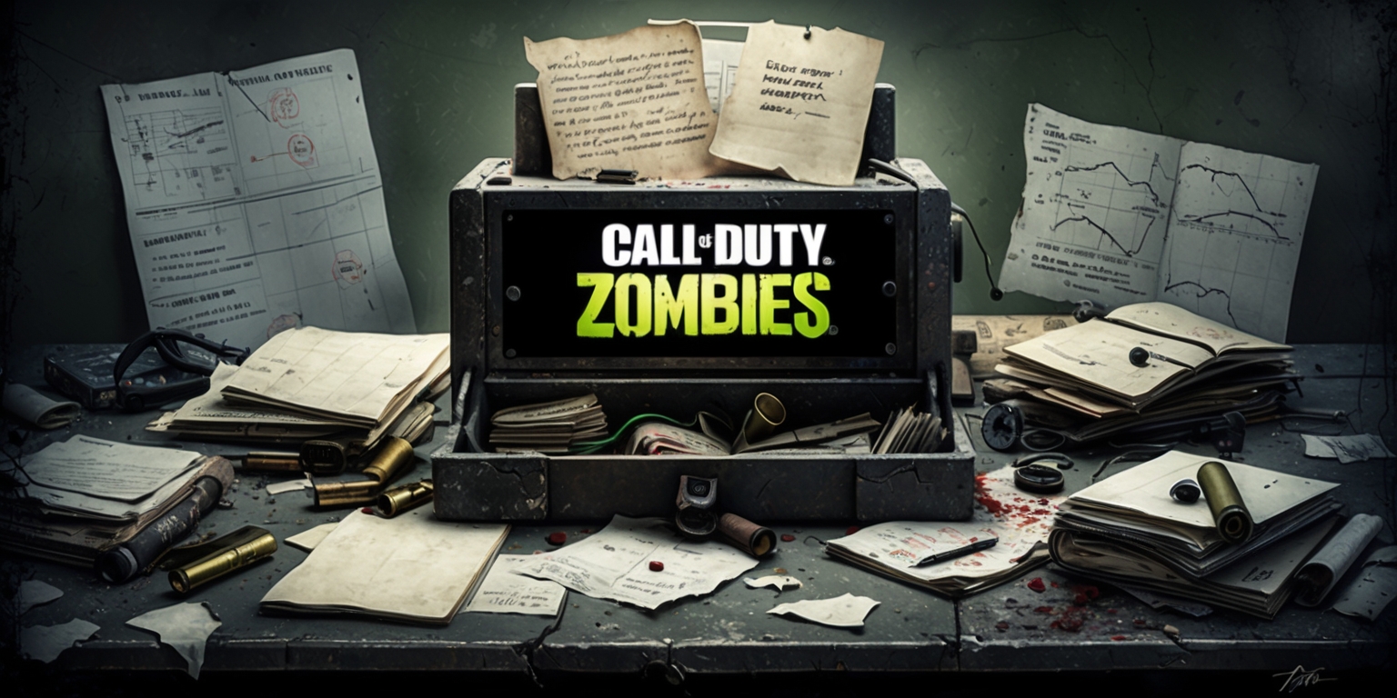 A gritty, high-contrast illustration of a worn, vintage-inspired lectern or military briefing table, cluttered with scattered papers, dog-eared notebooks, and cracked, worn-out equipment, evoking a sense of a makeshift, dimly-lit operations center, with a bold, neon-lit Call of Duty: Zombies logo emblazoned on the front of the lectern in a distressed, stencil font, surrounded by cryptic, hand-scrawled notes, maps, and diagrams detailing strategies for surviving the undead hordes, with torn-out pages from military manuals, scattered bullet casings, and scraps of torn fabric strewn about, set against a dark, muted background with subtle hints of military-green and blood-red hues.