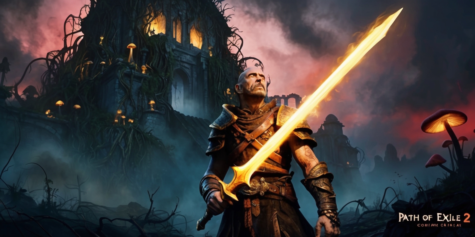 A dramatic concept art depicting the dark fantasy world of Path of Exile 2, with a grand, ancient structure looming in the background, overgrown with twisted vines and eerie glowing mushrooms, set against a foreboding twilight sky with hints of crimson and gold. In the foreground, a lone exile, clad in worn leather armor and wielding a glowing sword, stands heroically, with determined facial features, weathered skin, and a strong jawline, gazing up at the ominous structure. The atmosphere is tense and foreboding, with subtle mist and fog effects adding to the sense of mystery. The color palette is dark and muted, with flashes of fiery orange and yellow from the exile's sword, and the overall style is gritty, with bold brushstrokes and intricate textures. The composition is cinematic, with the exile placed prominently in the center, and the ancient structure looming large in the background, drawing the viewer's eye upward.