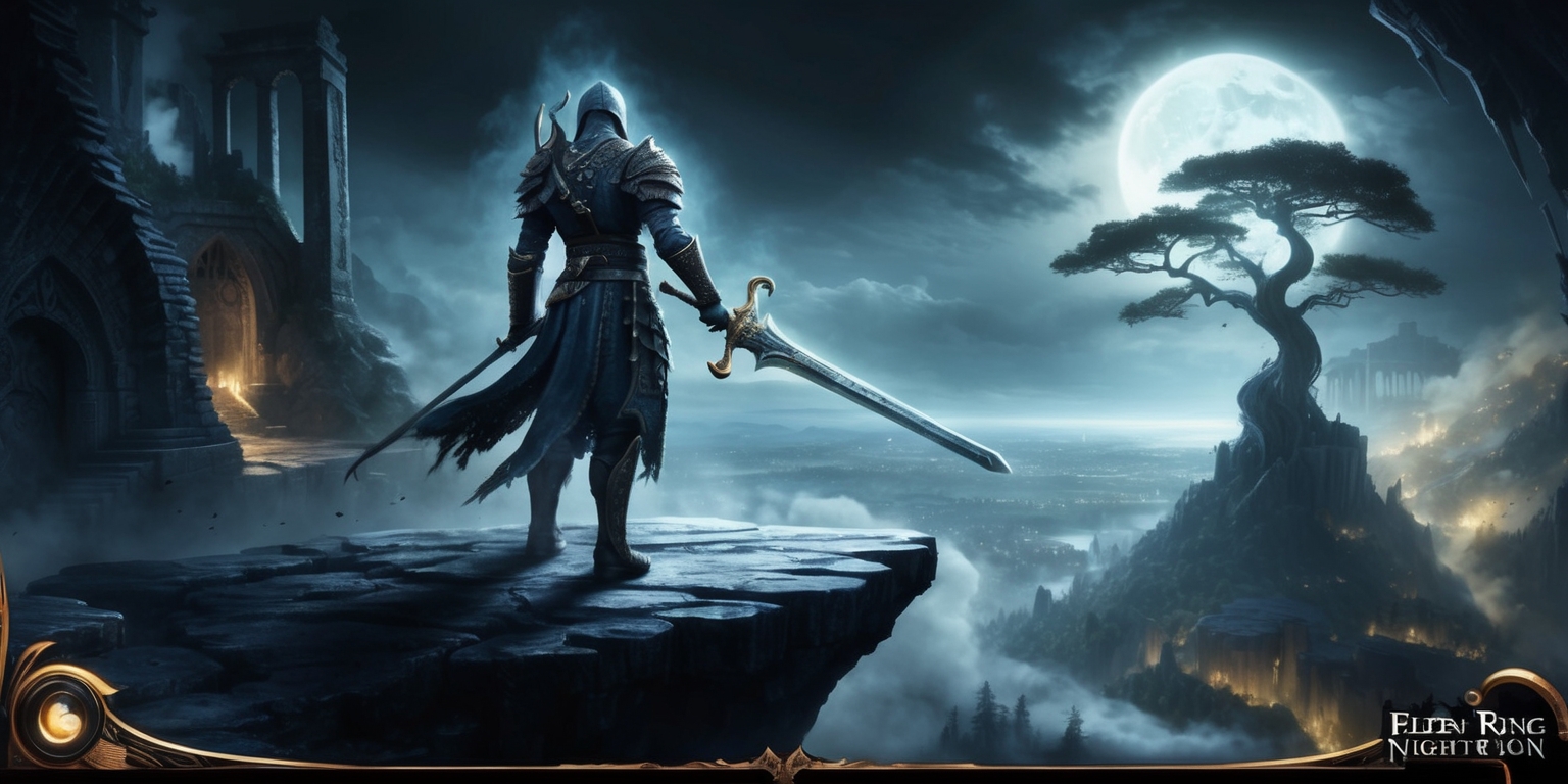 A hauntingly beautiful scene from the Elden Ring Nightreign game, with a dark and ominous atmosphere, set in a mystical realm with ancient ruins and mysterious landscapes, featuring a lone figure of a Tarnished warrior, with intricate armor and wielding a majestic sword, standing atop a craggy cliff overlooking a vast, moonlit expanse, with an otherworldly glow emanating from the night sky, and the Erdtree looming large in the distant horizon, with subtle hints of eerie fog and mist swirling around the warrior's feet, and the overall color palette dominated by shades of dark blues and greys, with accents of golden light and an air of foreboding and adventure.