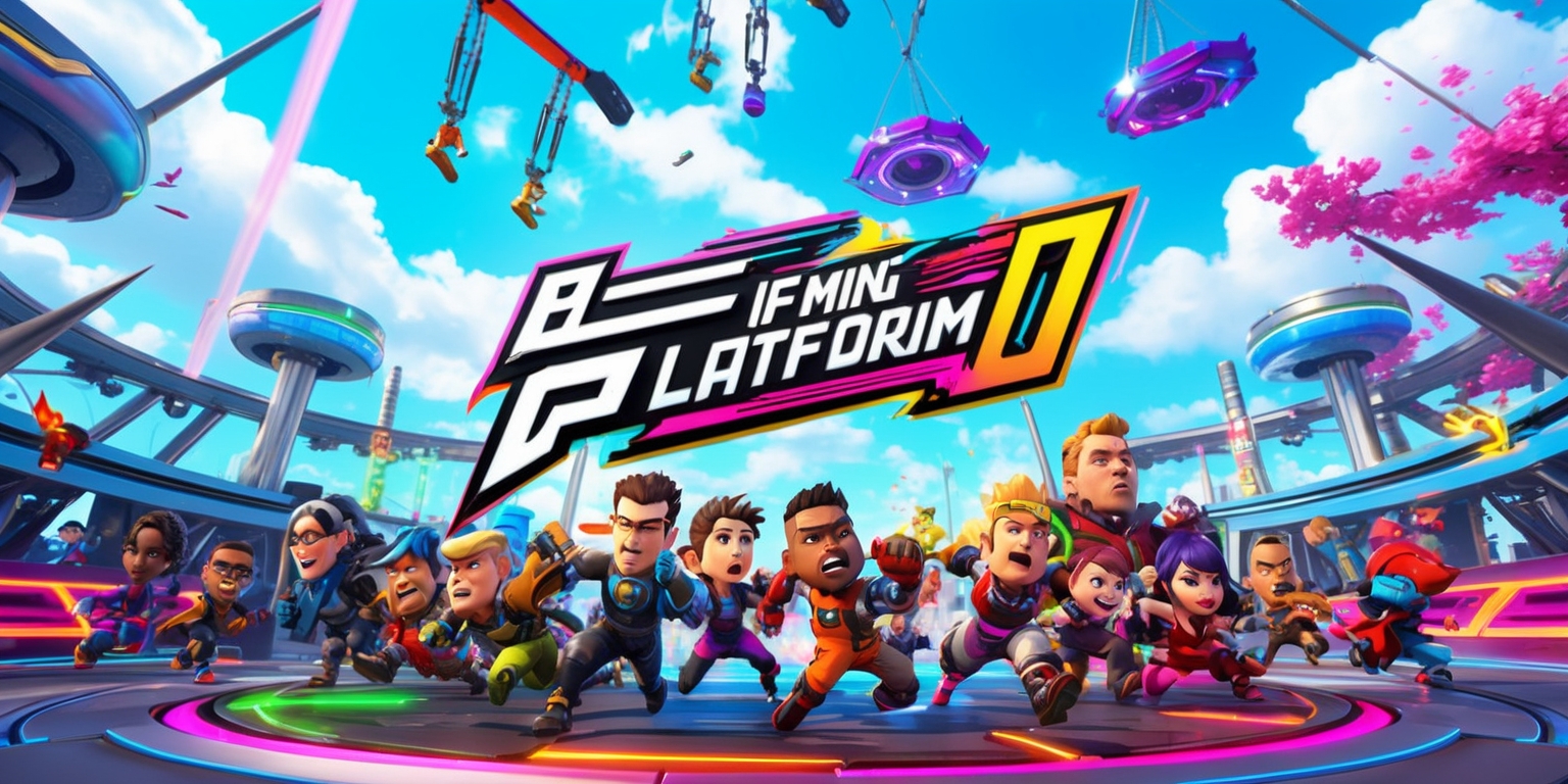 A vibrant and lively scene depicting a dynamic arena platformer game, with a mesmerizing futuristic backdrop, featuring sleek metallic structures, and a vast array of colorful obstacles, including floating platforms, swinging pendulums, and spinning blades, set against a bright blue sky with fluffy white clouds, and populated by a diverse cast of characters, each with unique facial features, skin tones, and distinctive outfits, showcasing a range of emotions, from intense focus to exhilarated joy, with bold, stylized text and logos overlayed on the scene, in a mix of modern sans-serif and futuristic font styles, with neon accents and subtle gradient effects, all carefully balanced and framed to create a visually stunning and immersive image that captures the essence of fast-paced action and thrilling competition.