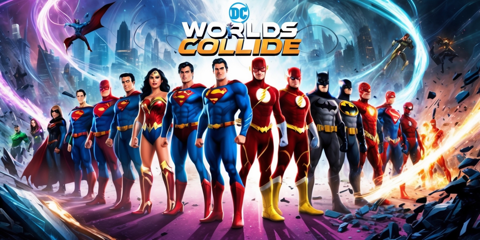 A vibrant, action-packed illustration depicting the DC Worlds Collide game, featuring iconic DC superheroes and villains from different universes standing back-to-back, ready for battle, set against a dynamic, swirling background of blurred cityscapes, mystical realms, and distorted time-space continuums, with bold, vibrant colors and dramatic lighting, blending traditional comic book aesthetics with cutting-edge video game visual effects, showcasing a sprawling, epic clash of powers, with characters like Superman, Wonder Woman, Batman, and The Flash standing alongside or opposing others from alternate realities, each with distinct facial features, costumes, and abilities, amidst a frenzy of energy blasts, explosions, and shattered environments.