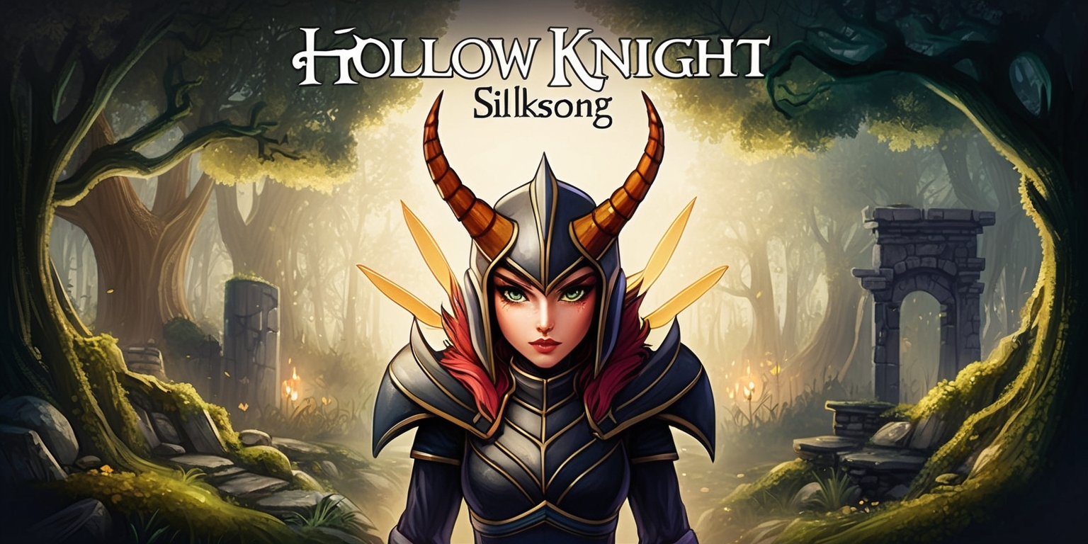 Hollow Knight Silksong game concept art featuring a hauntingly beautiful hand-drawn landscape with a mix of vibrant and muted colors, intricate details, and a sense of eerie wonder, with the game's protagonist Hornet prominently displayed in the center, her determined facial expression and striking horned helmet a focal point, set against a backdrop of lush moss-covered trees, twinkling fireflies, and ancient ruins, with a warm golden light casting a sense of mystery and adventure, and the game's title Silksong written in elegant cursive script at the top of the image in a bold white font.