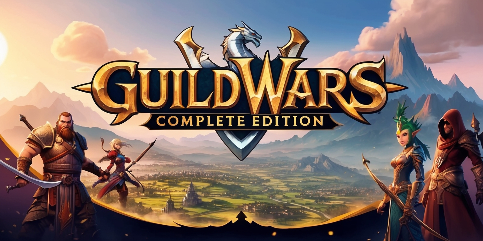 A vibrant, high-fantasy themed box art illustration of the Guild Wars complete edition game, featuring a dramatic landscape with medieval-inspired architecture, majestic mountains, and a sprawling valley, set against a warm, golden sunrise sky with a few puffy white clouds, the game's logo prominently displayed in bold, metallic gold lettering with a subtle, curved shape, incorporating the series' iconic dragon and sword elements, with the tagline written in a clean, modern sans-serif font, and the background including various characters from the game, such as a sturdy, bearded human warrior with a sword, a lithe, agile elf archer, and a mysterious, hooded figure, all with intricate, detailed costumes and facial expressions, amidst a backdrop of subtle, magical glow effects and soft, texture-like details, blending fantasy and adventure elements.