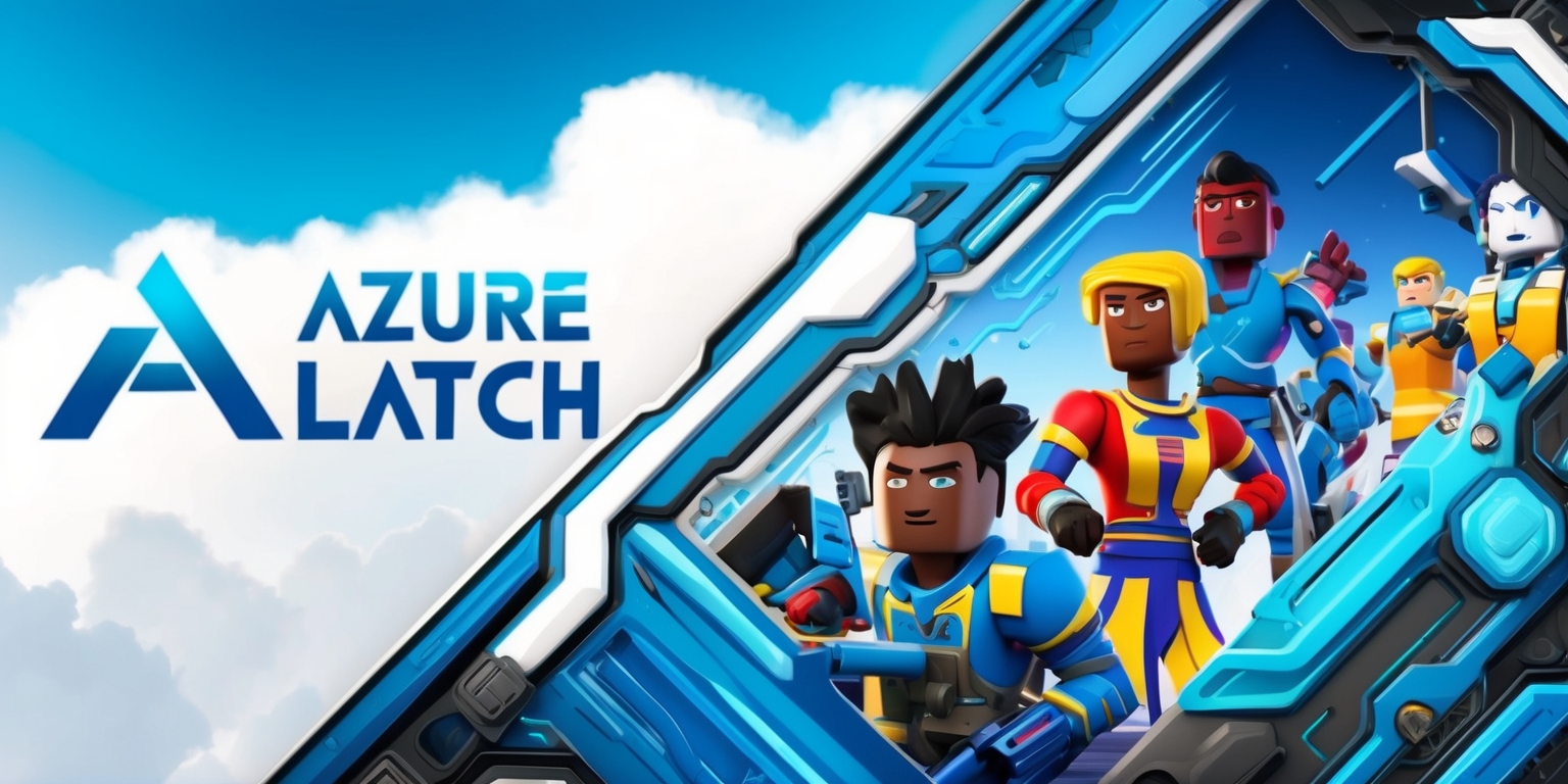 A vibrant digital artwork depicting a scene from the Azure Latch Roblox game, with a mix of bright blue and white hues, bold lines, and futuristic elements, set against a gradient sky with fluffy white clouds, featuring stylized characters with distinctive facial features and diverse skin colors, including a main character with a determined expression and bold, colorful clothing, surrounded by intricate details and textures, with the Azure Latch logo prominently displayed in a sleek, modern font with a metallic sheen, all carefully composed within a cinematic frame with a slight depth of field effect to emphasize the sense of adventure and exploration.